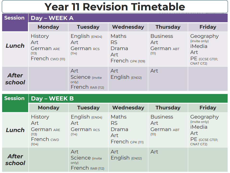 Y11 Revision Timetable 2026-27